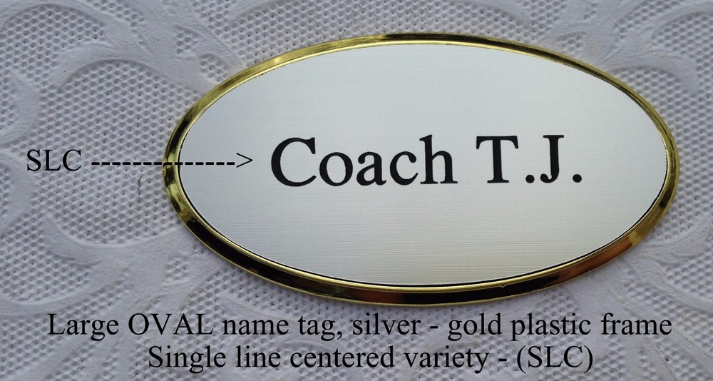 Personalized / Custom Engraved LRG OVAL Name Tag SILVER w/ GOLD Frame