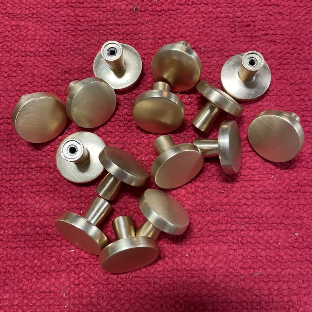 (15) Heavy Solid Brushed Brass Knobs Cabinet Doors Or Drawers