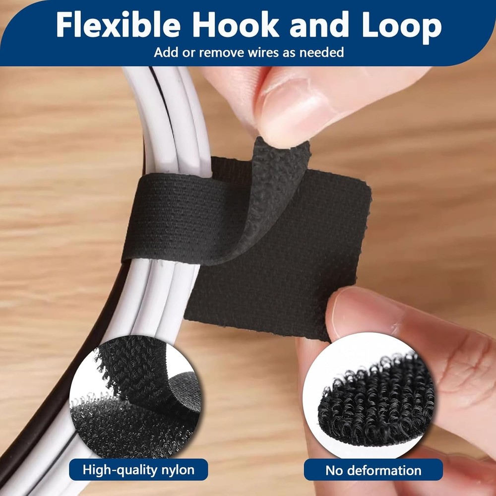 50 PCS Hook and Loop Cable Ties, Under Desk Cable Management Self Adhesive Cable