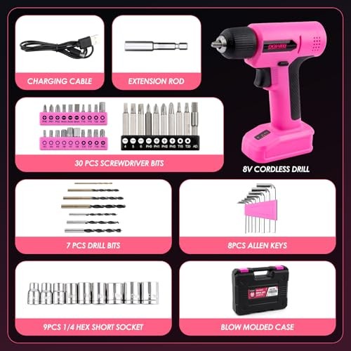 8V Cordless Drill Tool Set 58 PCS, Built-in LED, Variable Speed, Type-C Pink