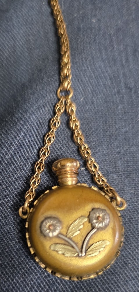 VINTAGE FLORAL MINI PERFUME BOTTLE MISSING STOPPER BRASS