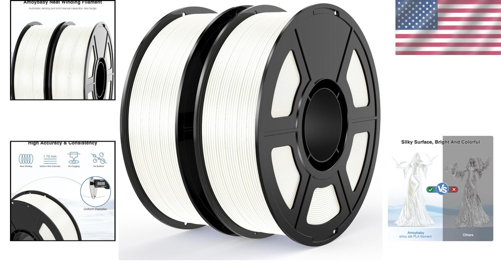 Silk White PLA Filament Bundle 1.75mm, 2kg Smooth 3D Printer Wire 2-Pack