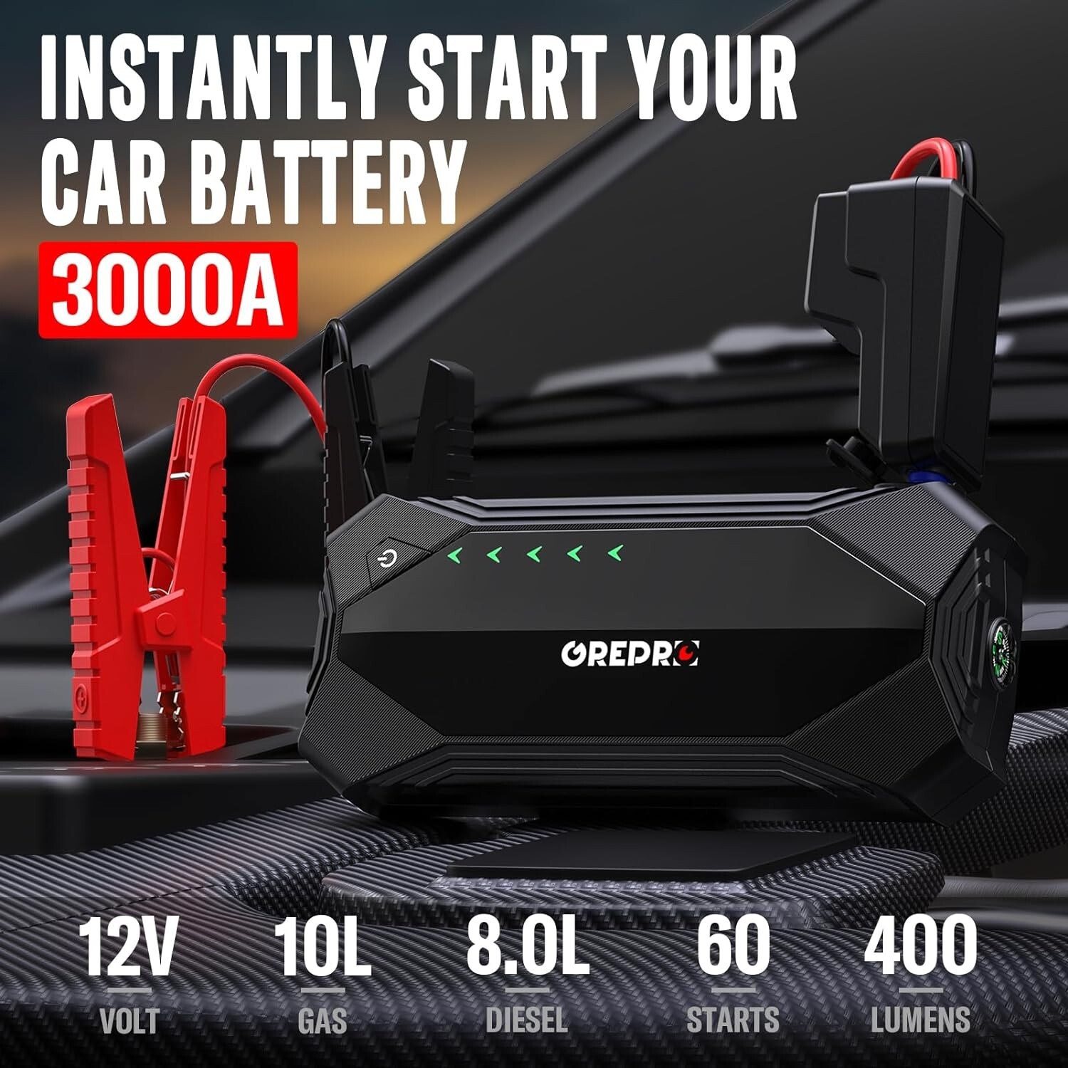 GREPRO Car Jump Starter, 3000A Car Battery Jump Starter Battery Pack 12V Battery