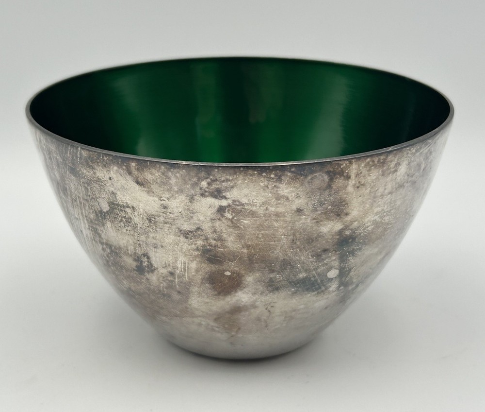 E. Dragsted Denmark Silver Plated Green Enamel Deep Bowl, Vintage