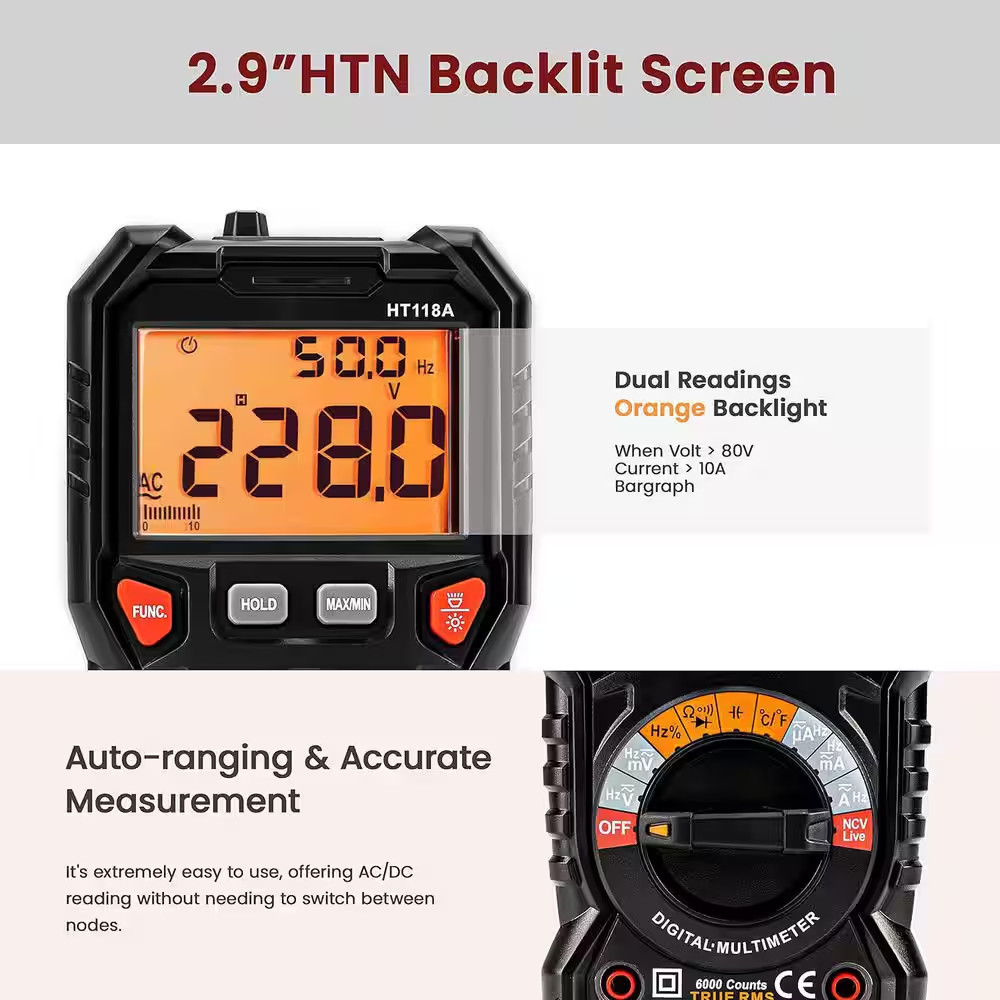 Digital Multimeter TRMS 6000 Counts Voltmeter Auto-Ranging Measures Voltage Curr