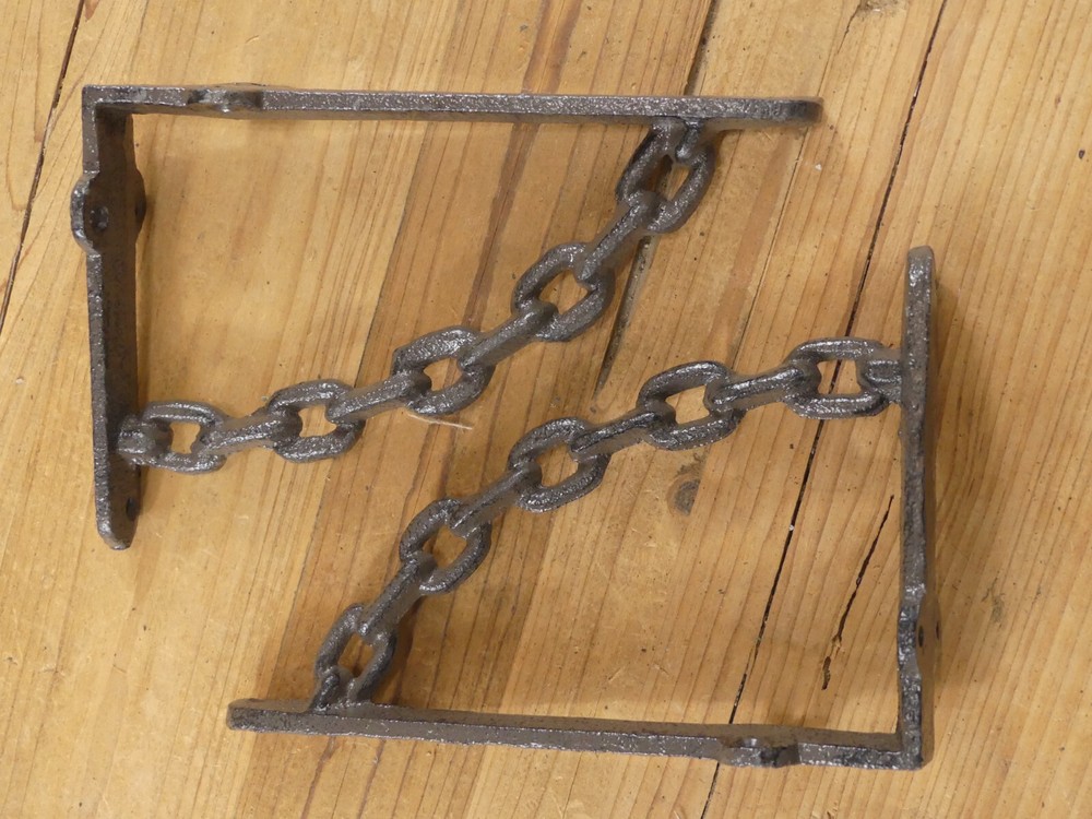 2 CAST IRON BRACKETS CHAIN MAN CAVE BRACES SHELF CORBELS NAUTICAL DECOR RUSTIC