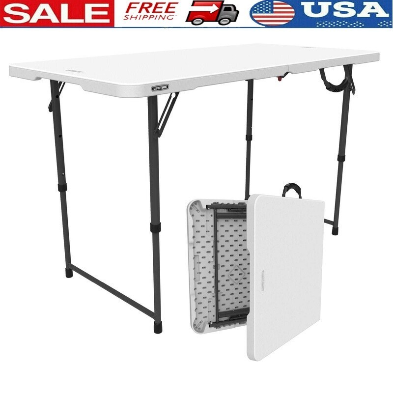Foldable Adjustable Height Table Portable Indoor Outdoor Sturdy Frame 4ft Table