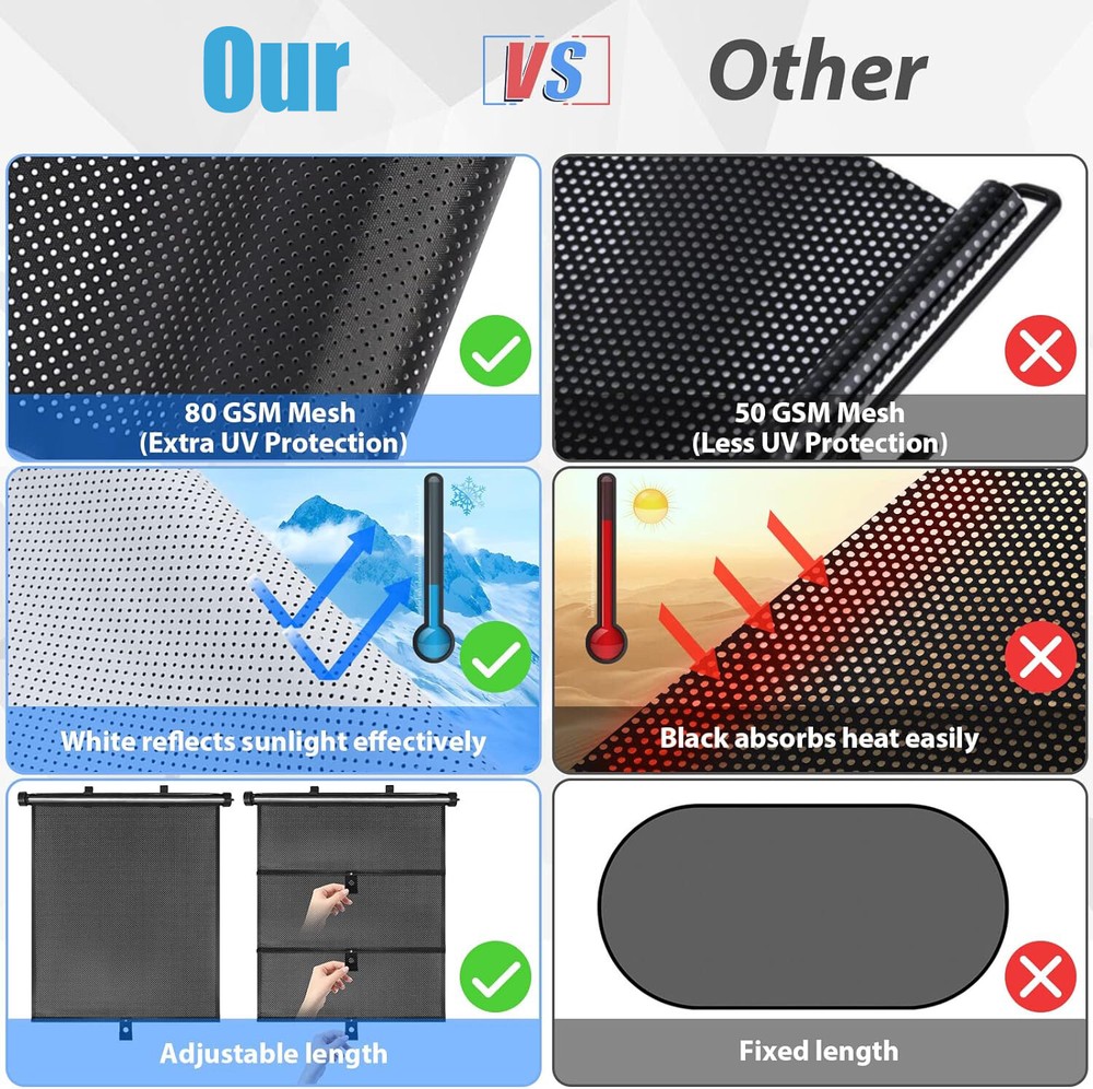 2-Pack Retractable Auto Sun Shade Cover Car Side Window Roller Visor Shield
