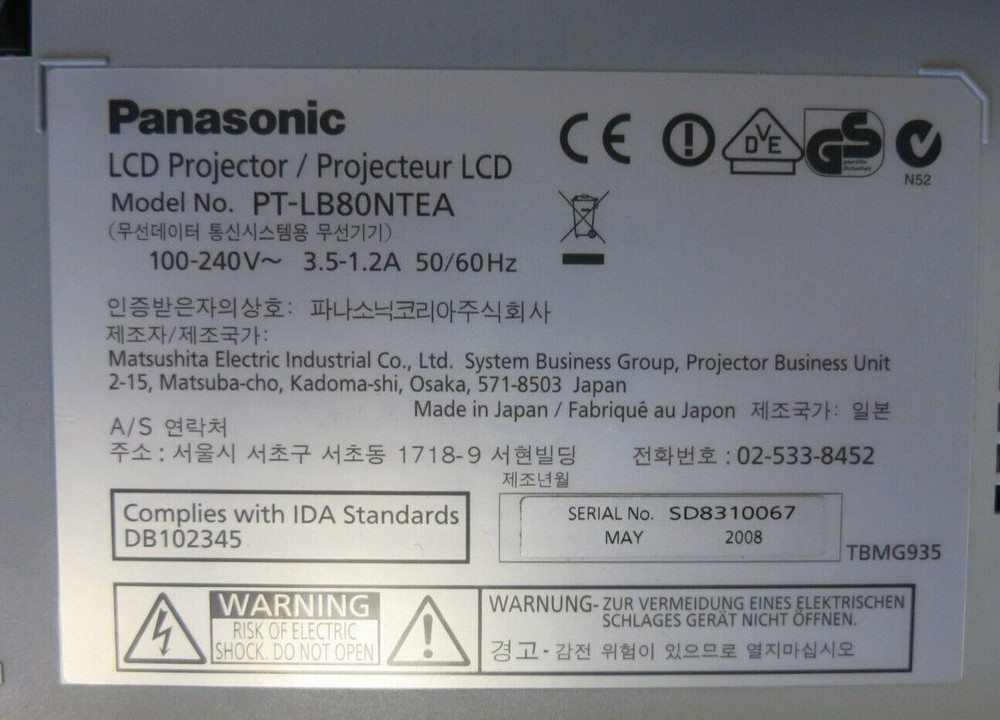 Panasonic PT-LB80NTEA Desktop Projector With Connecting Cables And Carry Case