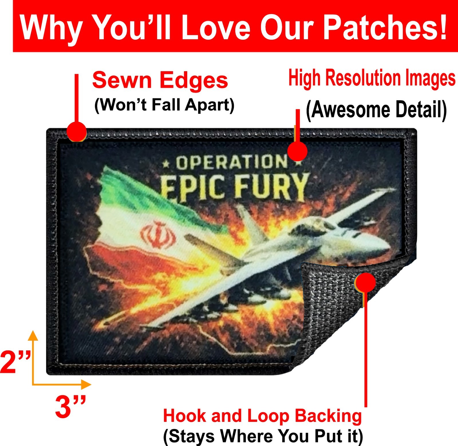 Operation Epic Fury Patriotic Morale Patch USA Israel UAE 2x3" tactical patch