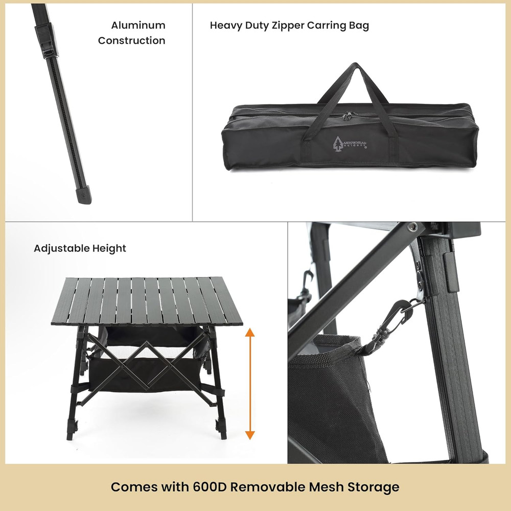 39" Aluminum Folding Camp Roll up Table W/Adjustable Height, Undertable Mesh Sto