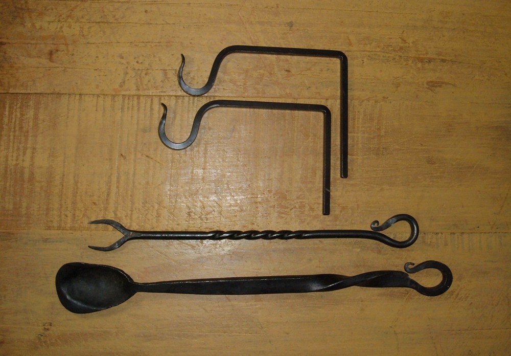 Vintage Forged Iron Hearth Spoon, Blacksmith Made Fork 2 Tine & 2 Hooks