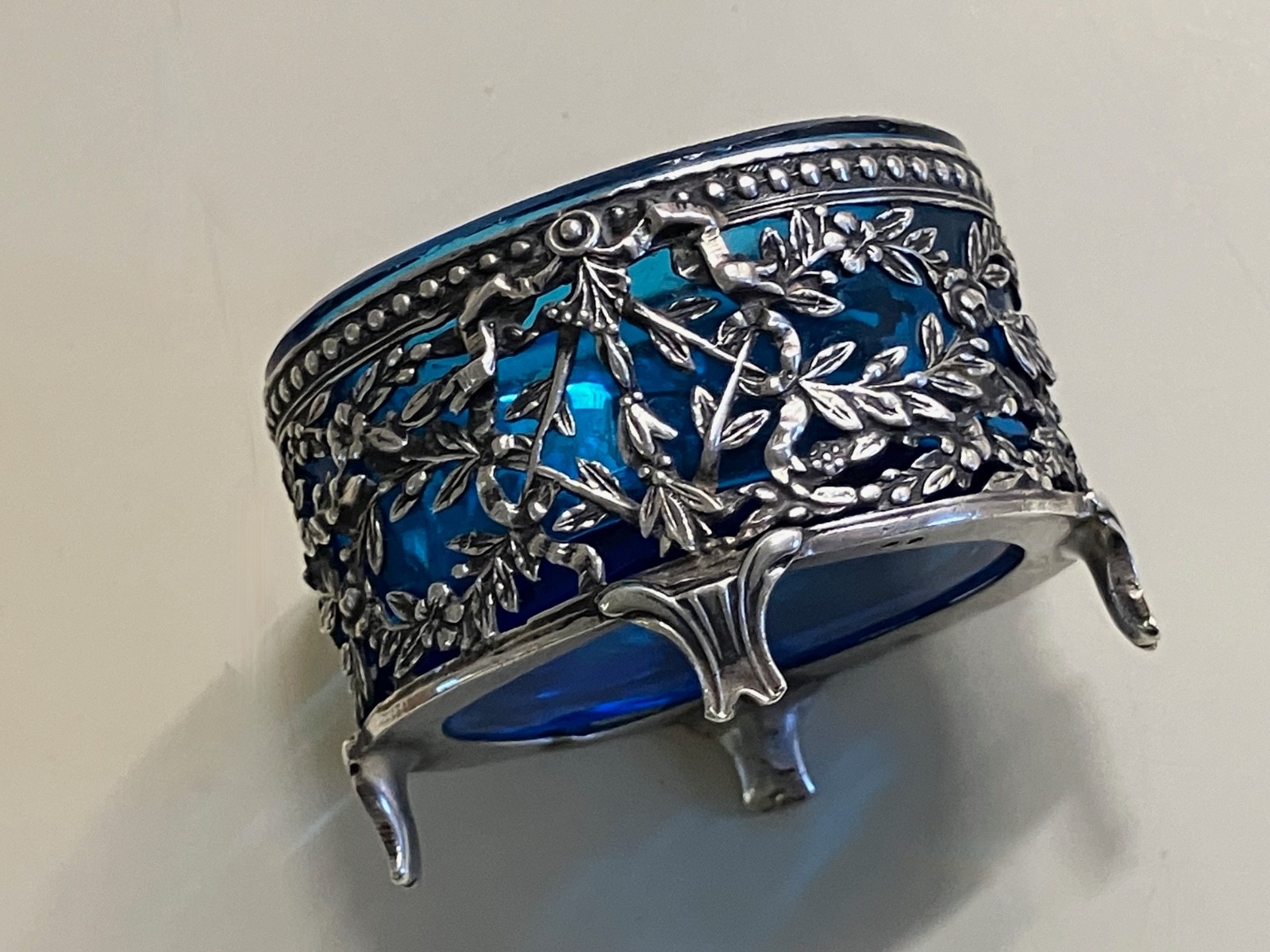 ANTIQUE SILVER FLORAL OPENWORK BLUE GLASS LINDED SALT CELLAR MASSAT FRERES PARIS