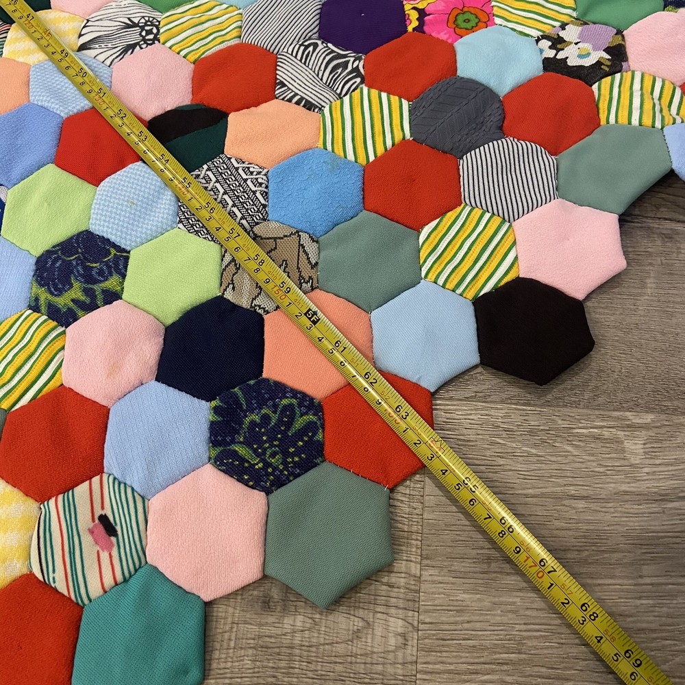 Vintage Patchwork Quilt w Hexagon Pattern Hand Made Hand Stitched Retro