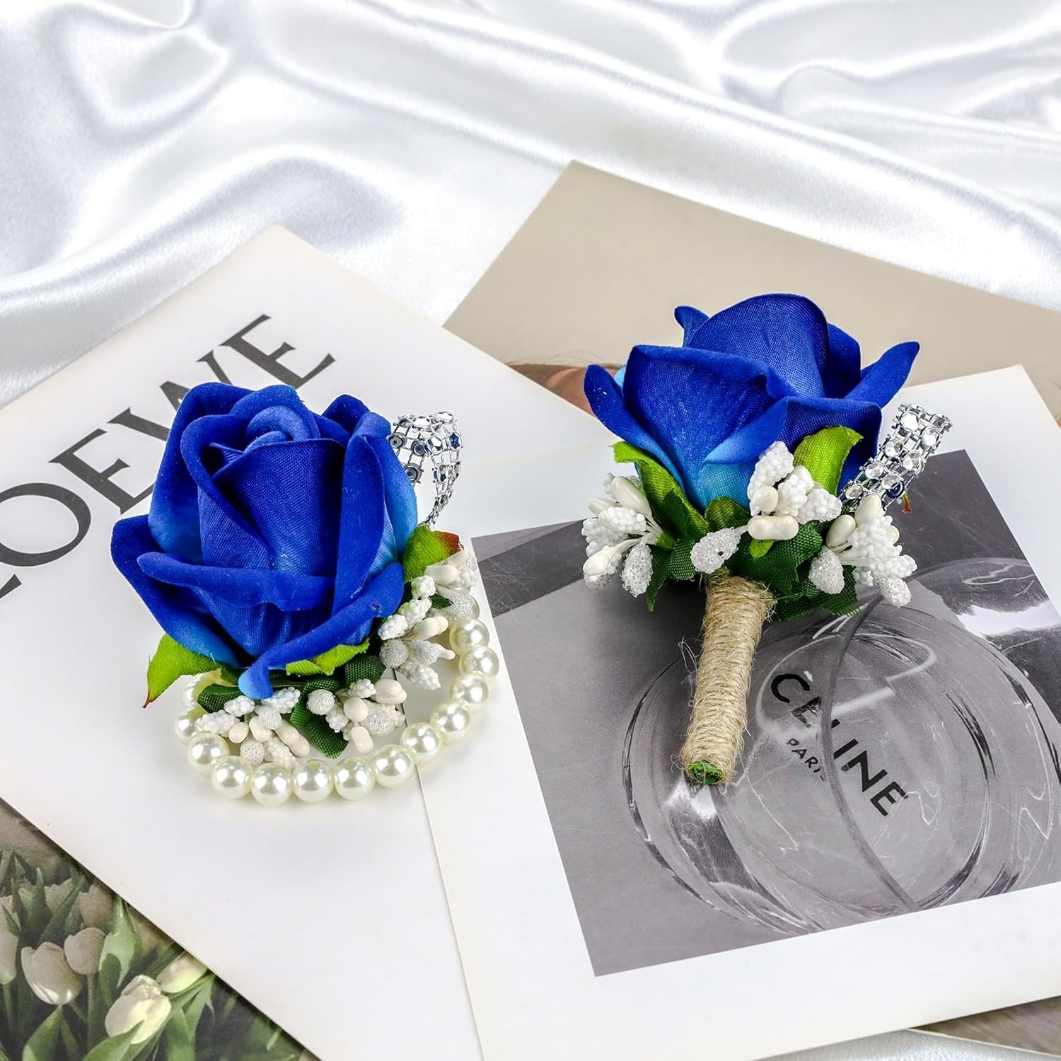 2Pcs Blue Corsage and Boutonniere Set,Corsage Wristlet for Prom Decor,