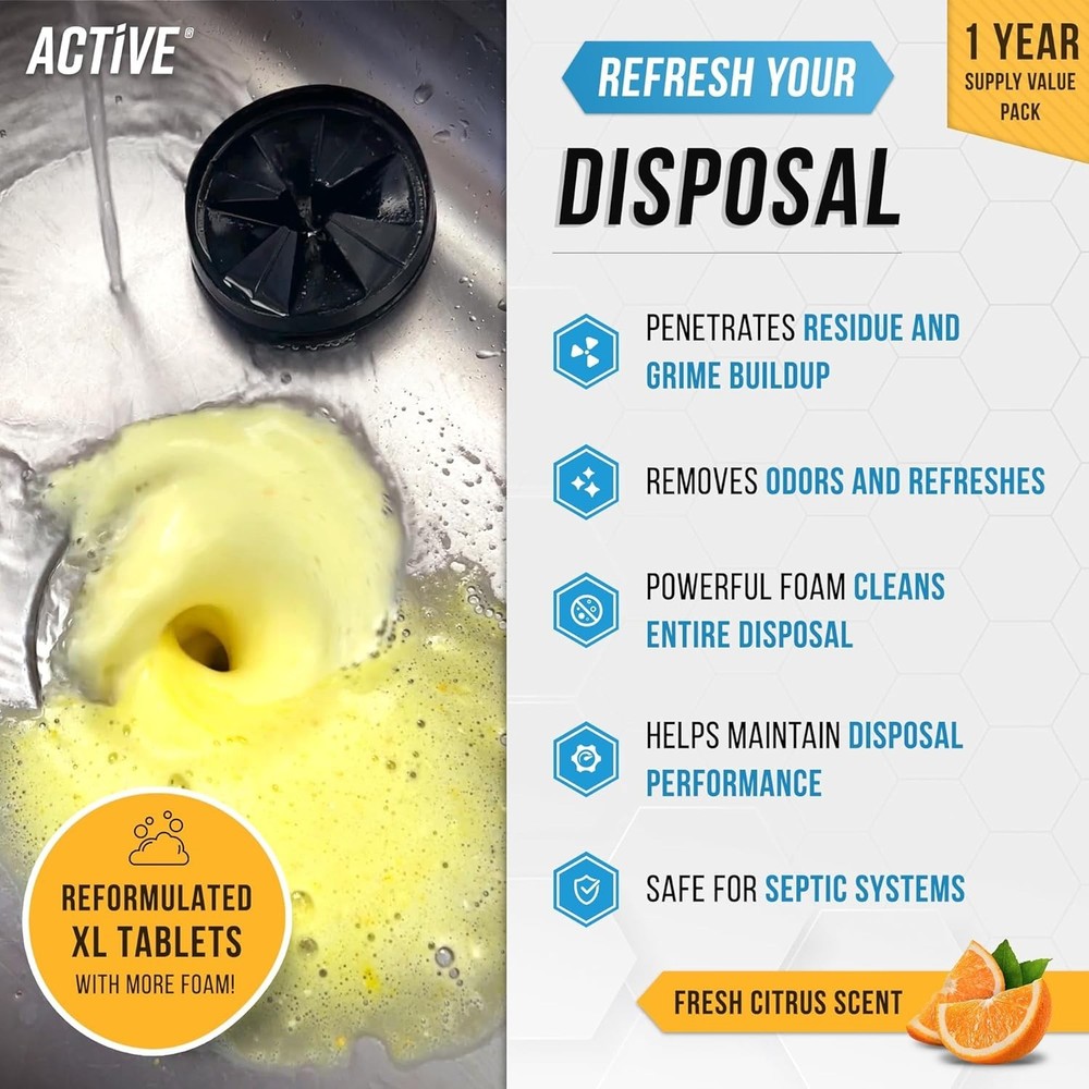 Garbage Disposal Cleaner Deodorizer Tablets - 24 Pack, New Powerful XL Foaming