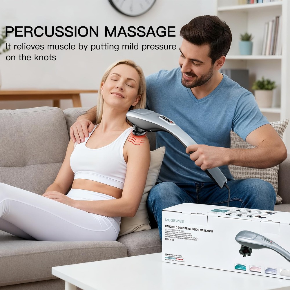 MEGAWISE Handheld Back Massager | Deep Tissue Percussion Massage Silver Grey