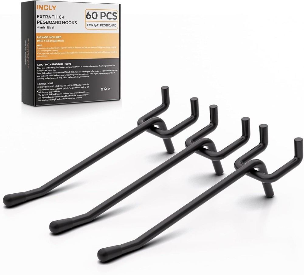 4-Inch Black Pegboard Hooks - 60 Pack for Maximum Storage Efficiency