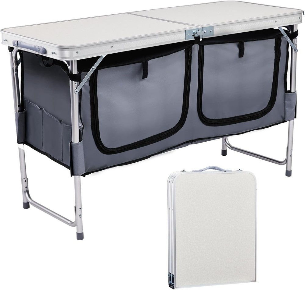 Folding Table, 4FT Aluminum Camping Table Large Storage Space Adjustable Height