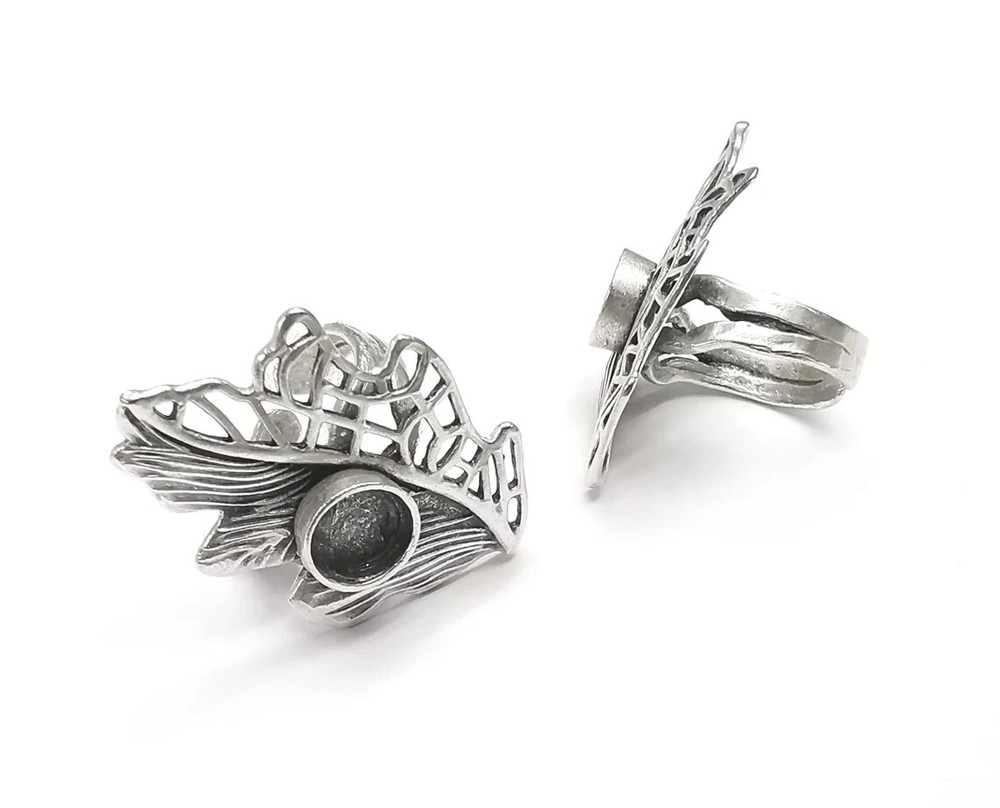 Leaf Leaves Silver Ring Setting Blank Cabochon Mounting Adjustable Base Bezel