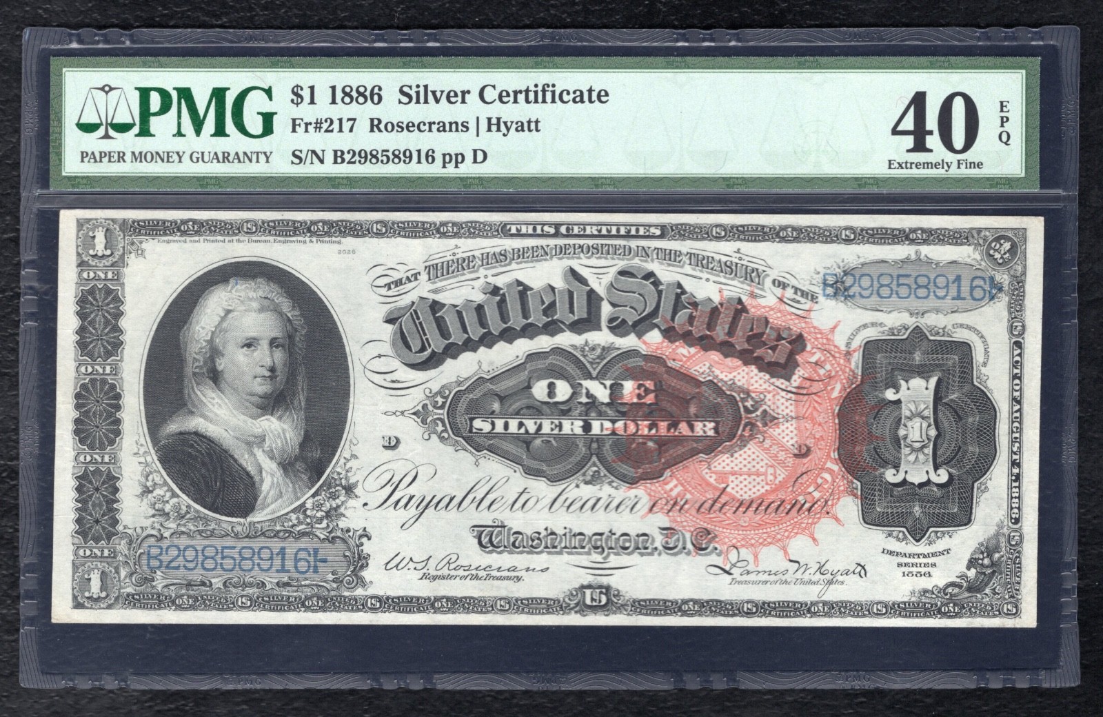 FR. 217 1886 $1 ONE DOLLAR “MARTHA” SILVER CERTIFICATE PMG EXTREMELY FINE-40EPQ