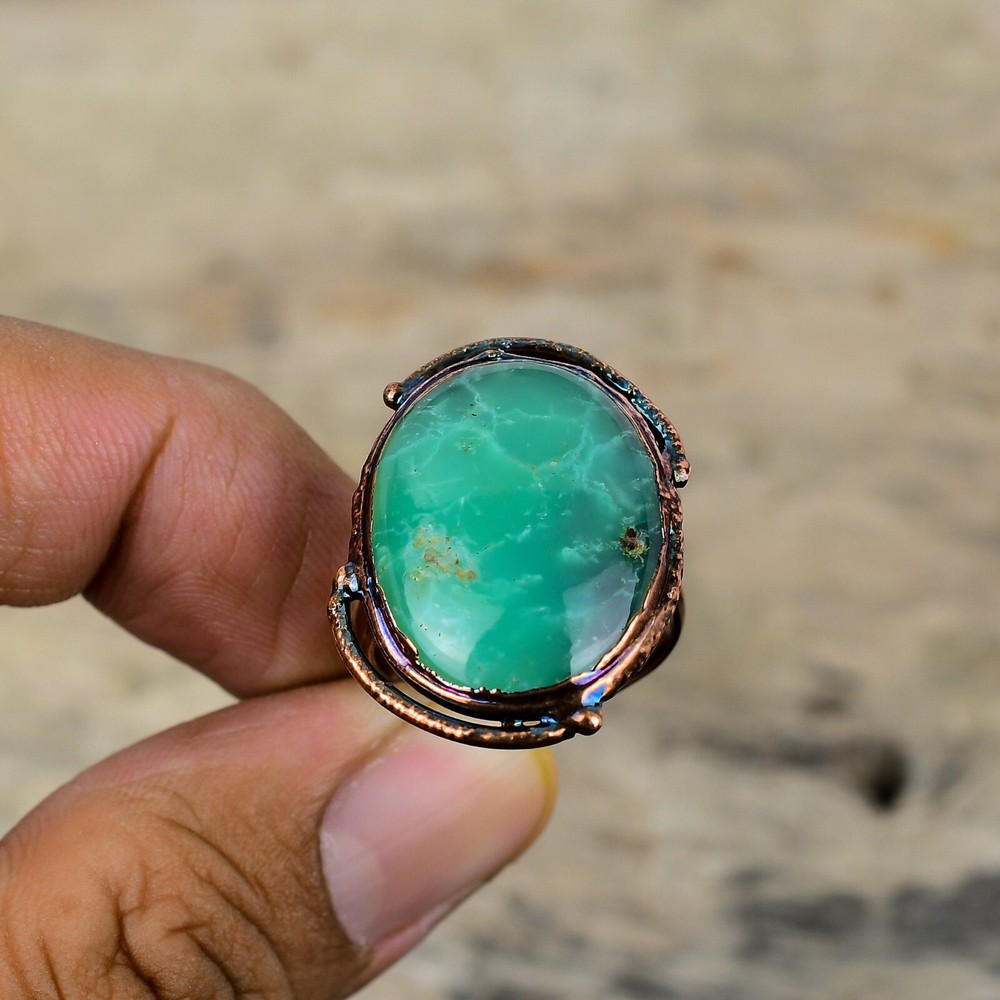 Gift Electroformed Solitaire Adjustable Ring Size Adjustable Copper Chrysoprase