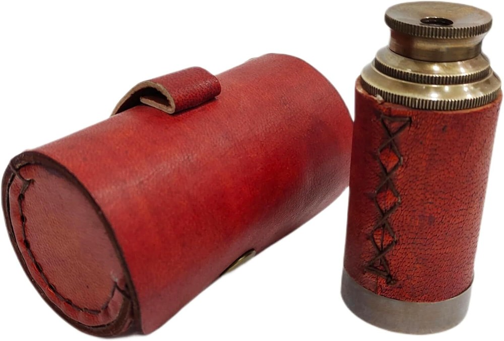 6'' Solid Brass Handheld Spyglass Telescope with Cylindrical Leather Brown Case