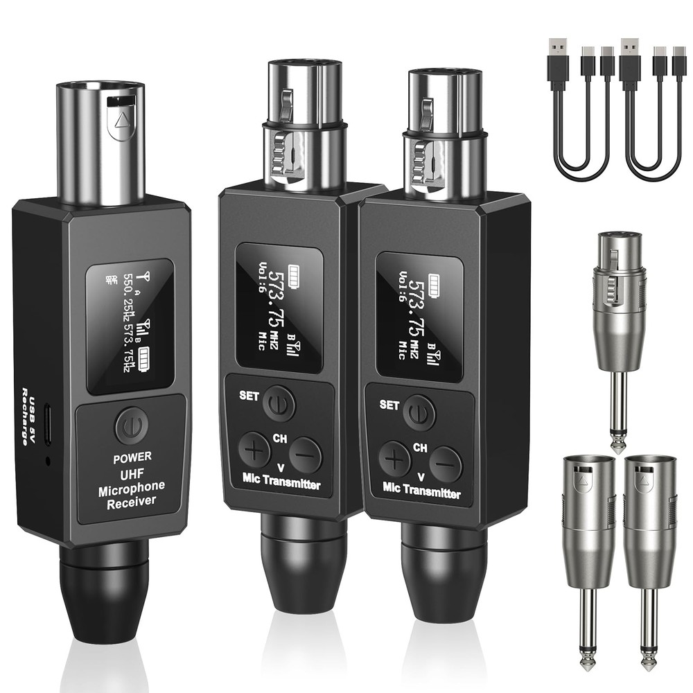 Wireless XLR Transmitter and Receiver Rechargeable Mic Adapter UHF 98ft Range...