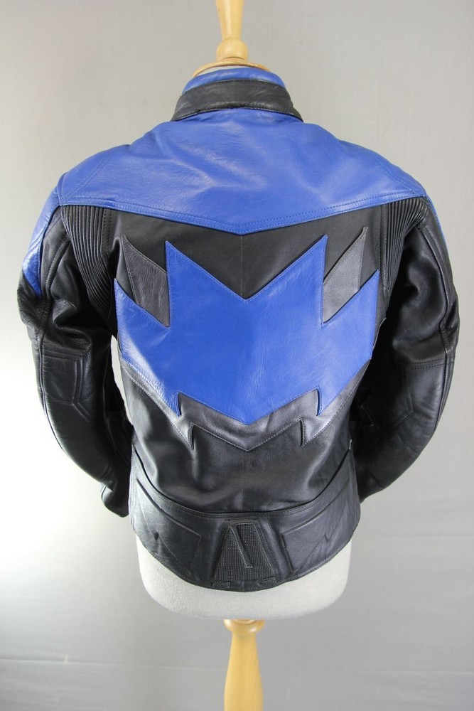 AKITO BLACK, BLUE & SILVER LEATHER BIKER JACKET WITH PROTECTORS: SIZE 12