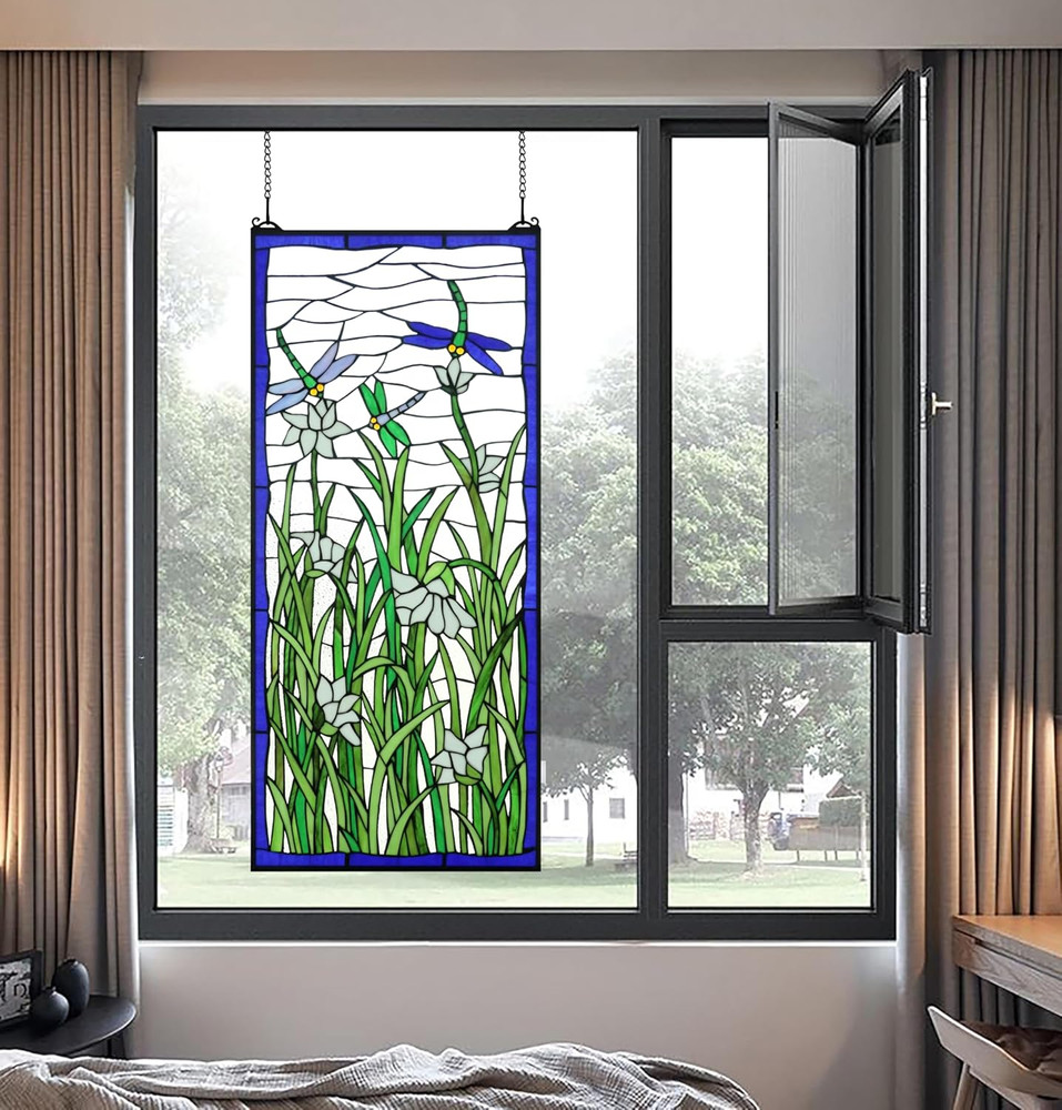 40" Extra Large Stained Glass Transom Window Panel with Chain