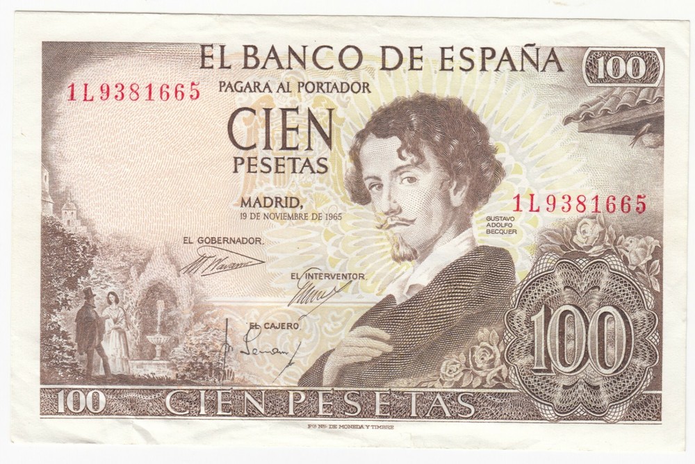 1965 Spain 100 Pesetas Note - EF
