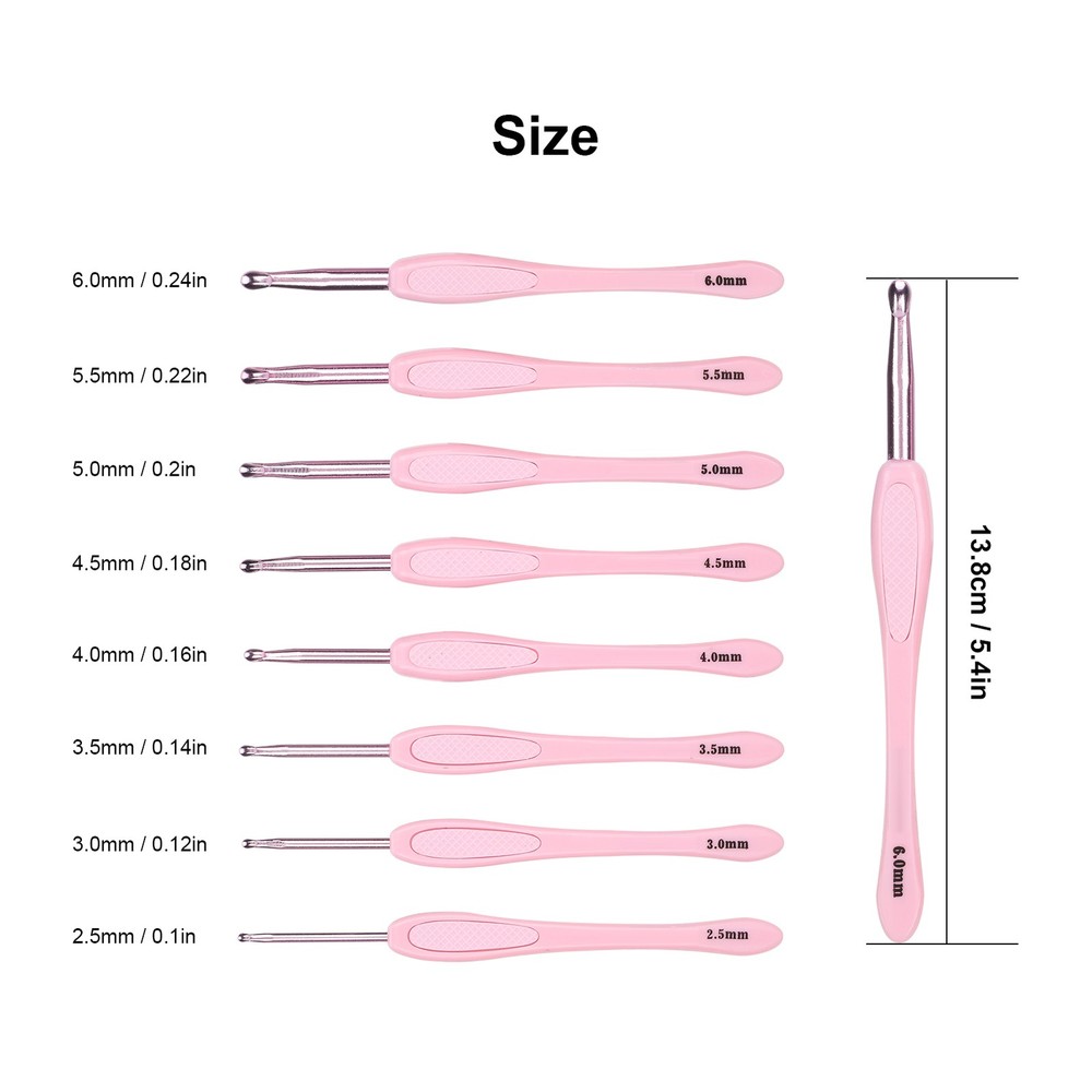 Pink 8Pcs Crochet Hook Thread Knitting Tools ABS Plastic Handle Ergonomic