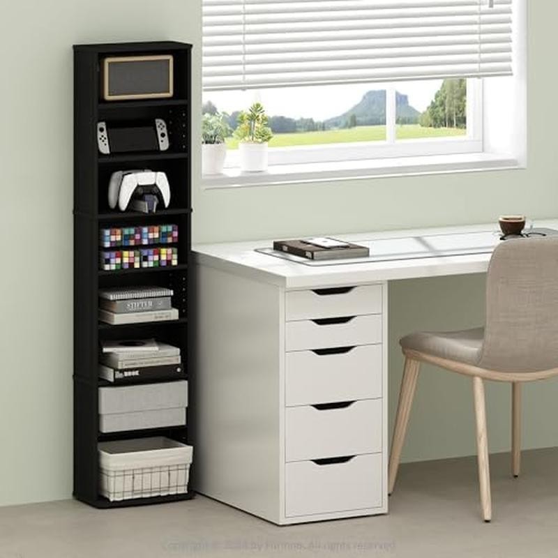 Multimedia Storage Tower Adjustable Shelves Space Saving Wood Constructed Unit