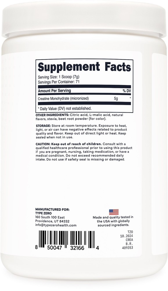 TypeZero Creatine Monohydrate Powder 500 Grams, Tropical Punch Flavored