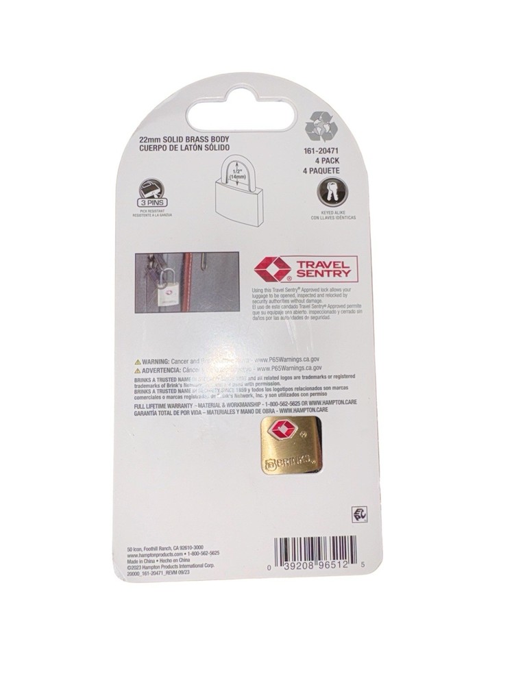 Brinks 161-20471 TSA Approved 22mm Lock Solid Brass, 4-Pack