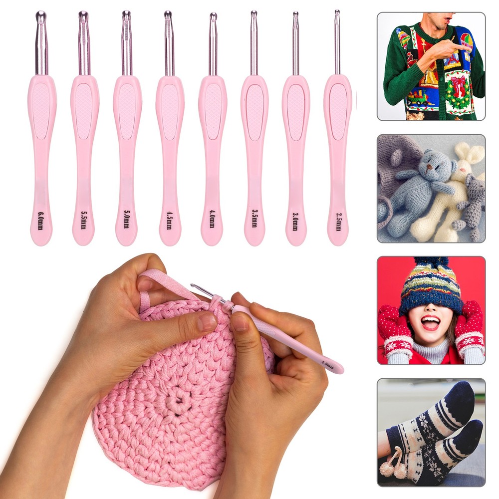Pink 8Pcs Crochet Hook Thread Knitting Tools ABS Plastic Handle Ergonomic