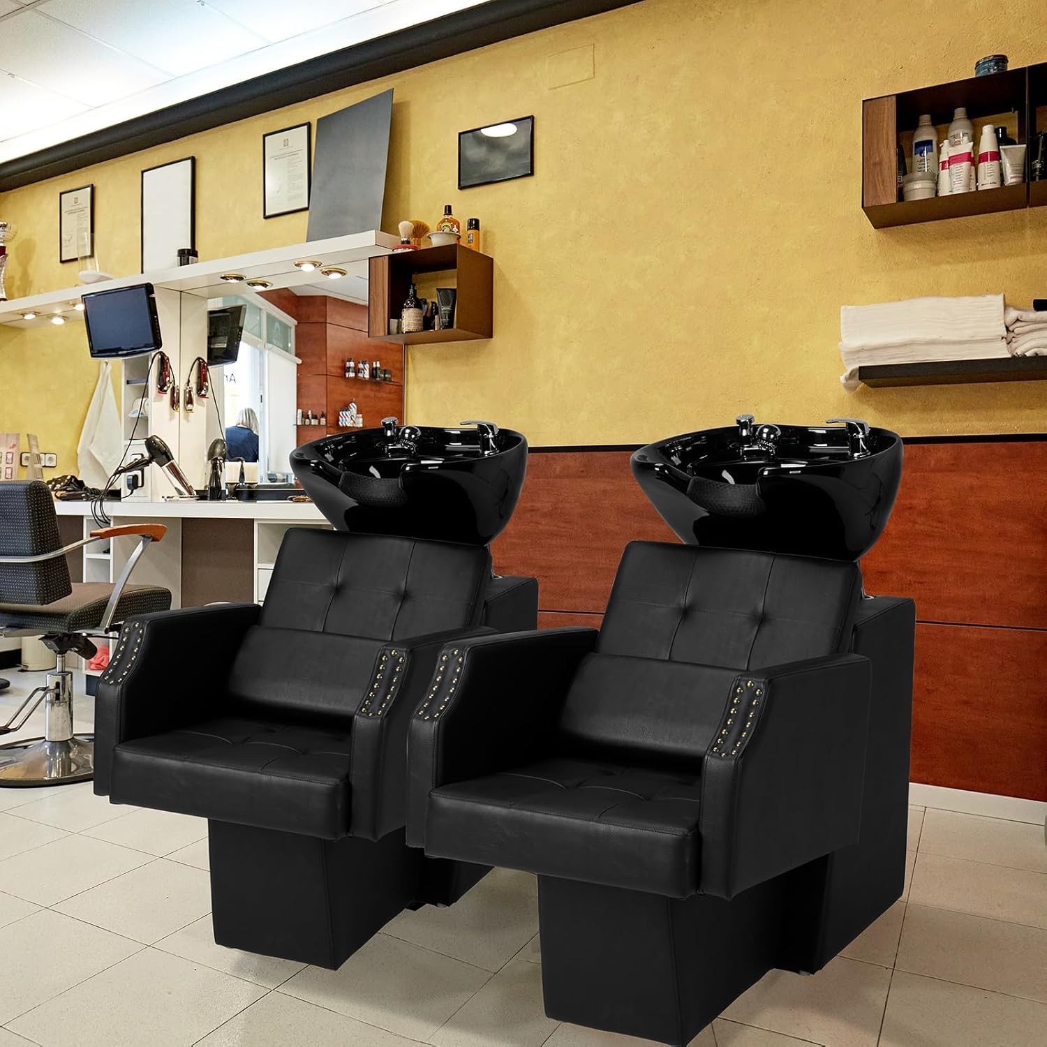New Adjustable Height Shampoo Bowl & Chair, Ceramic Salon Backwash Station Black