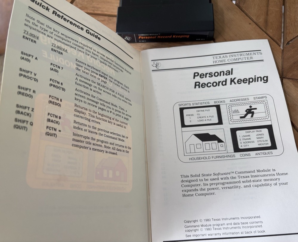 Personal Record Keeping for Texas Instruments TI99/4A Game & Command Module Book