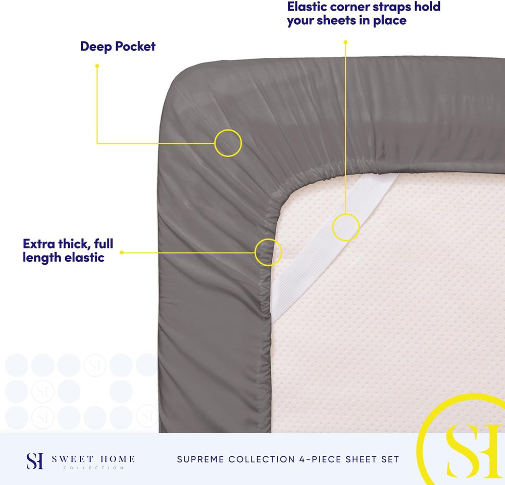 Queen Bed Sheets Set Gray Extra Soft Deep Pocket with Corner Straps