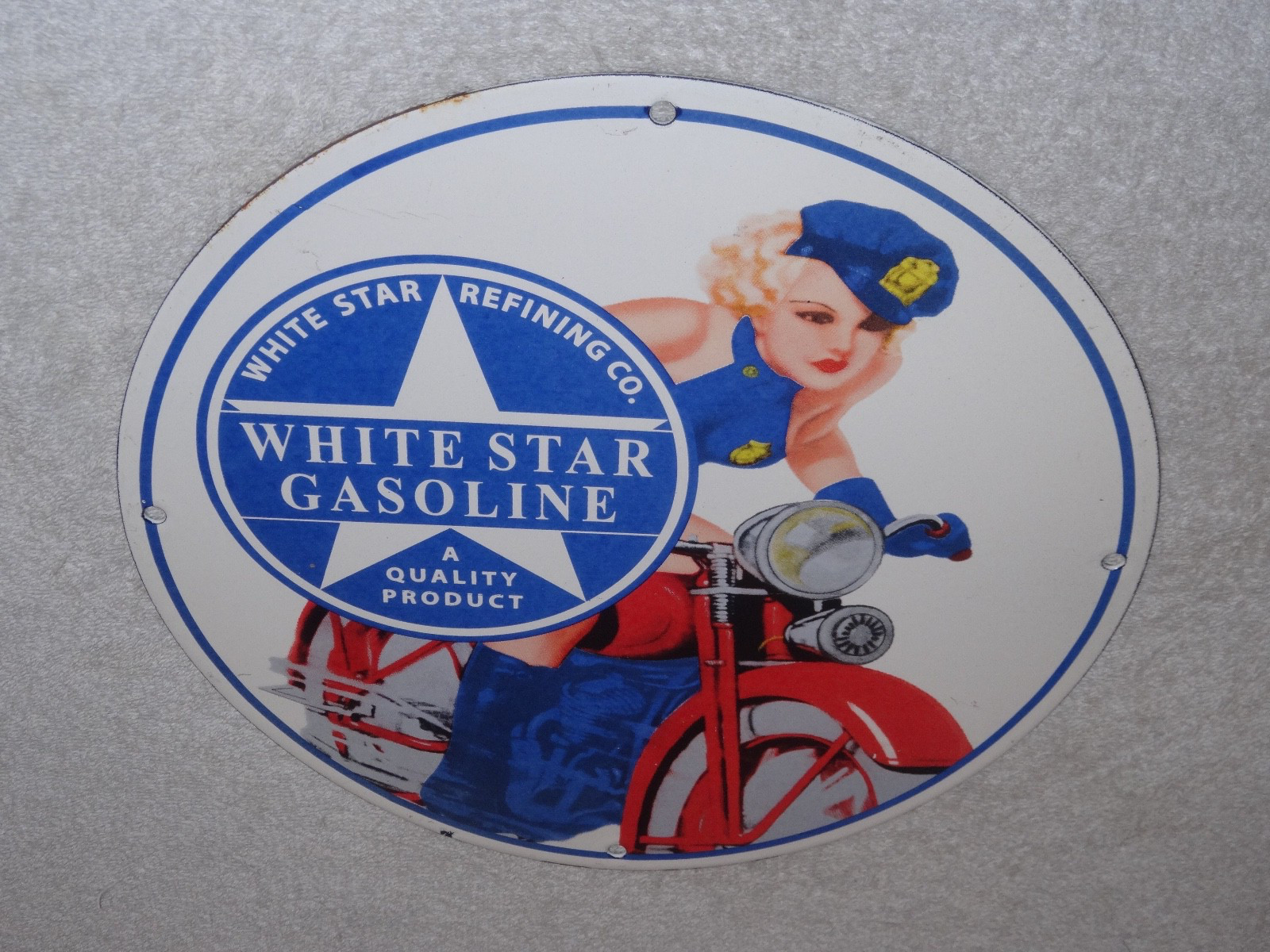 VINTAGE WHITE STAR GASOLINE "WOMAN ON MOTORCYCLE" 12" PORCELAIN METAL MOBIL SIGN
