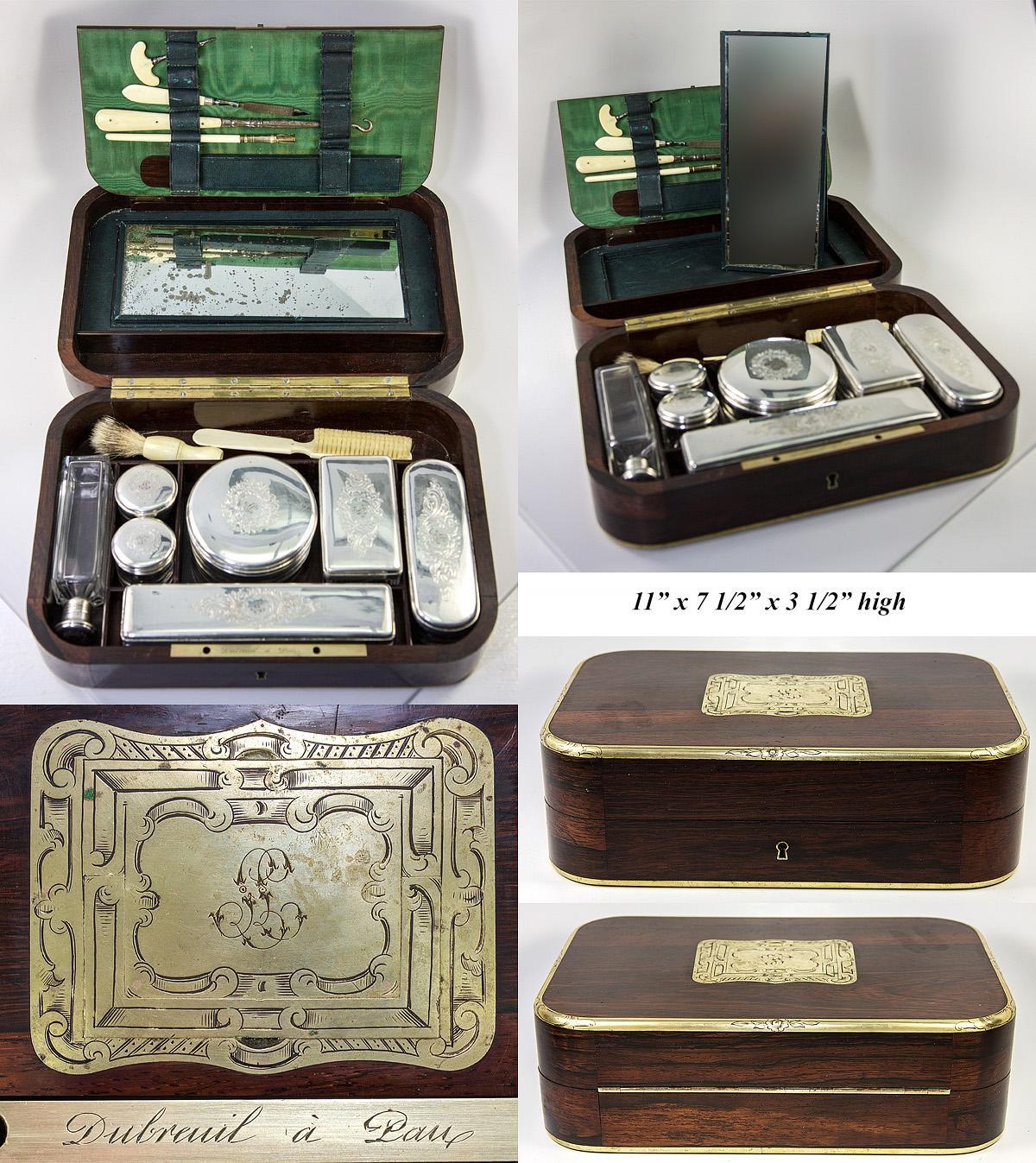 Antique French Vanity Travel Set, Hardwood Case by DUBREUIL, Inkwell & Jars