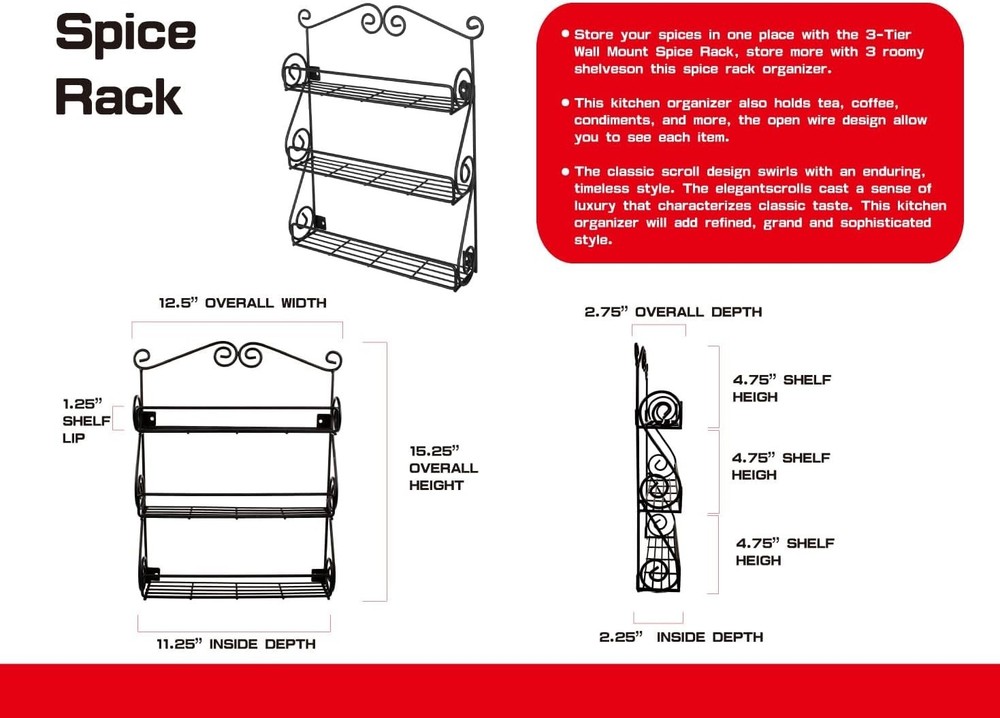 3-Tier Open Wire Spice Rack with Classic Scroll Design for Modern Kitchens