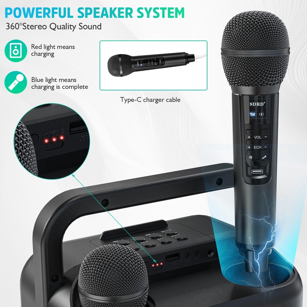 Karaoke Machine with Two Wireless Microphones, Portable Bluetooth Speaker for...