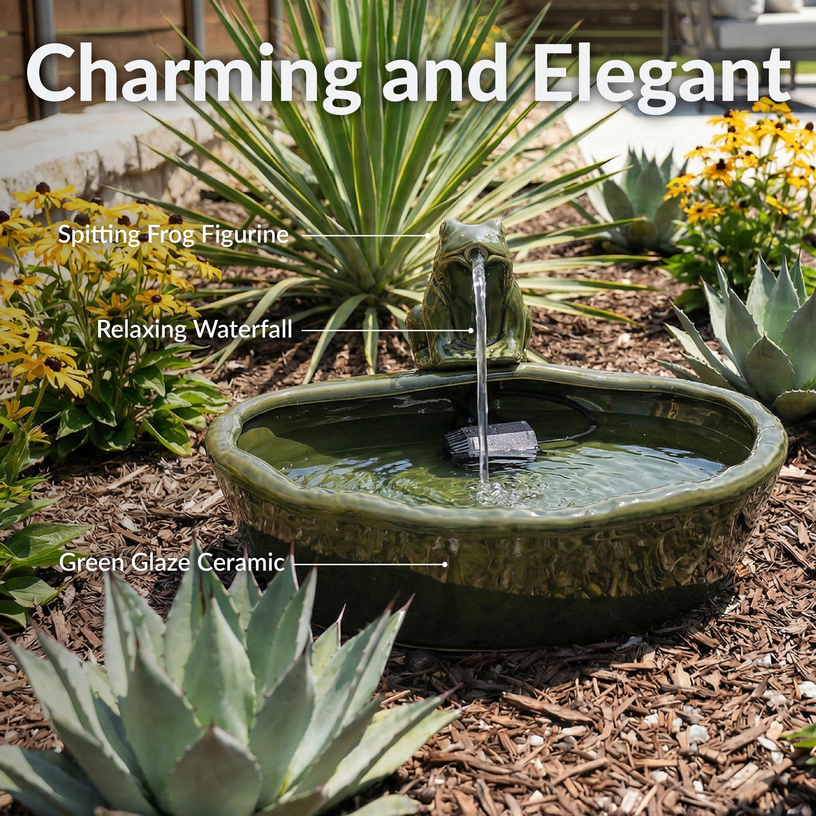 Frog Glazed Ceramic Outdoor Solar Water Fountain - 7 in by Sunnydaze