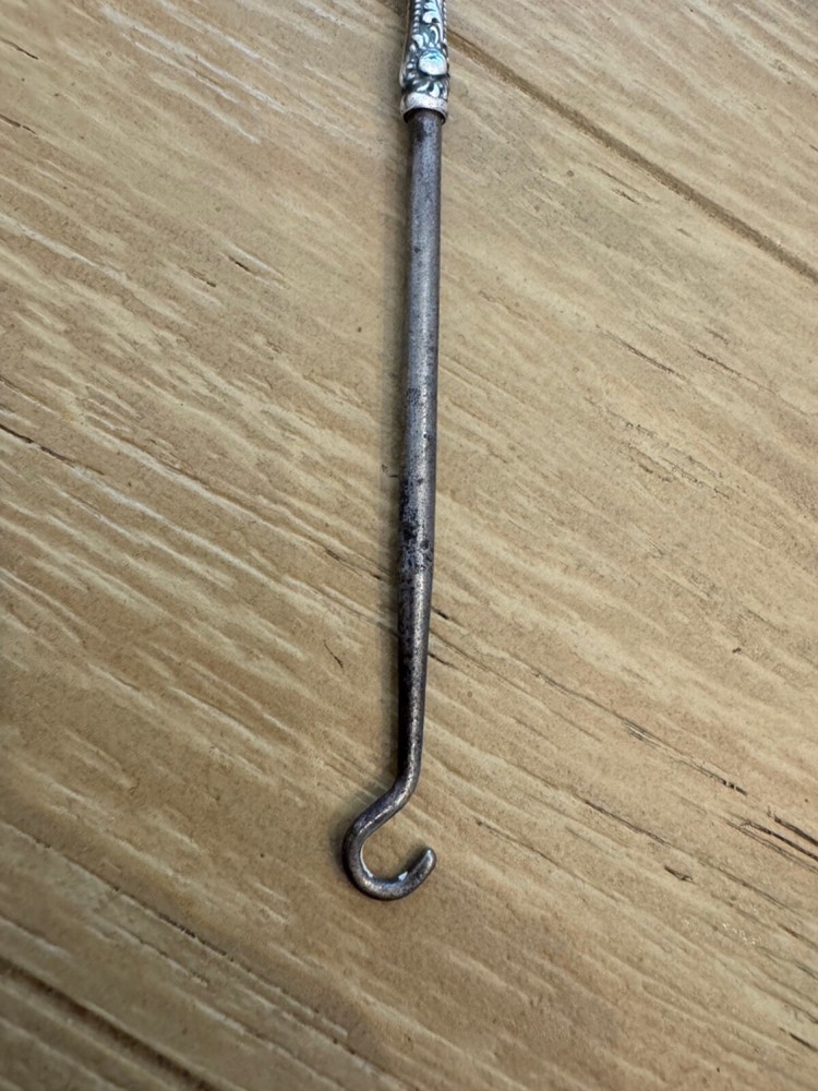 Antique Sterling Silver Handle Button Hook Beaded Floral & Scrolling Design