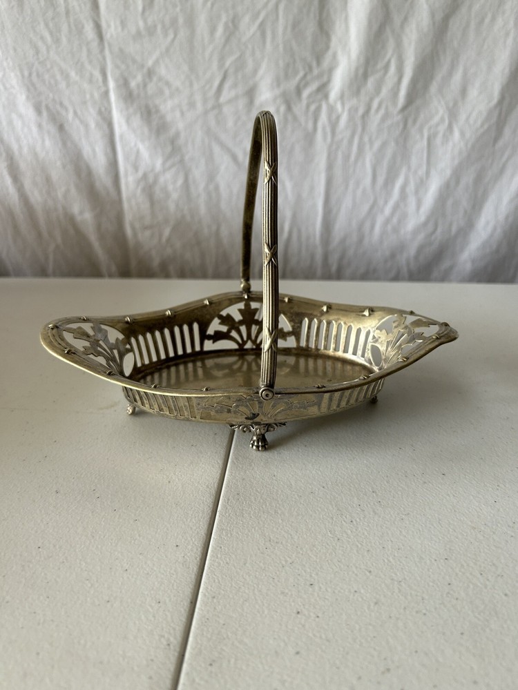 Vintage Silver Plate Made In England Lace Lattice Swing Handle Footed Dish EPNS