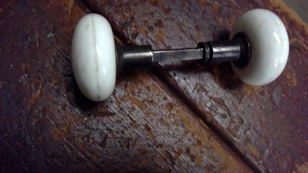2 Vintage Porcelain Door Knob Handle White 2 Knobs with shaft.