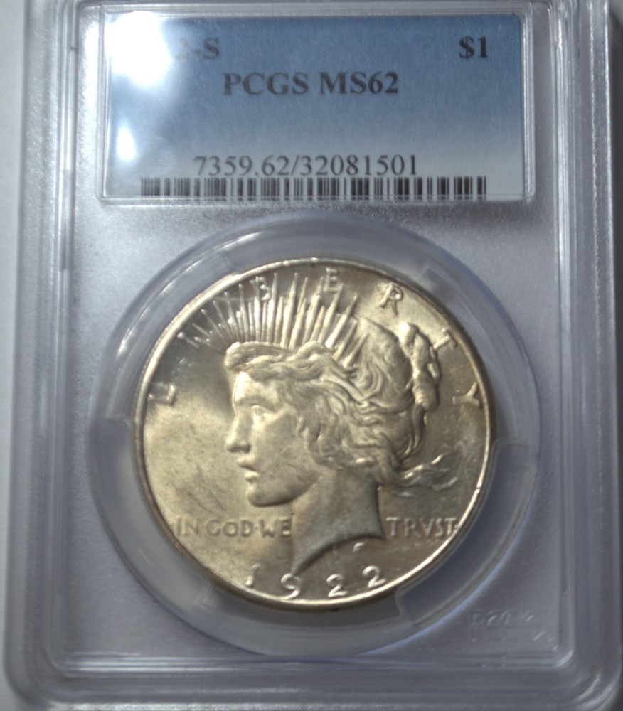 1922-S PCGS MS 62 Peace Silver Dollar Bright White