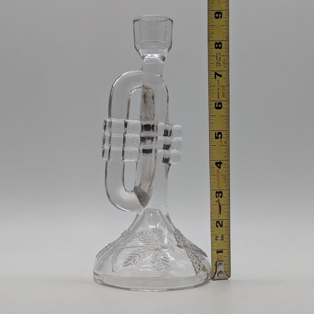Bugle or Trumpet shaped clear glass candlestick holder solid with leaf imprint