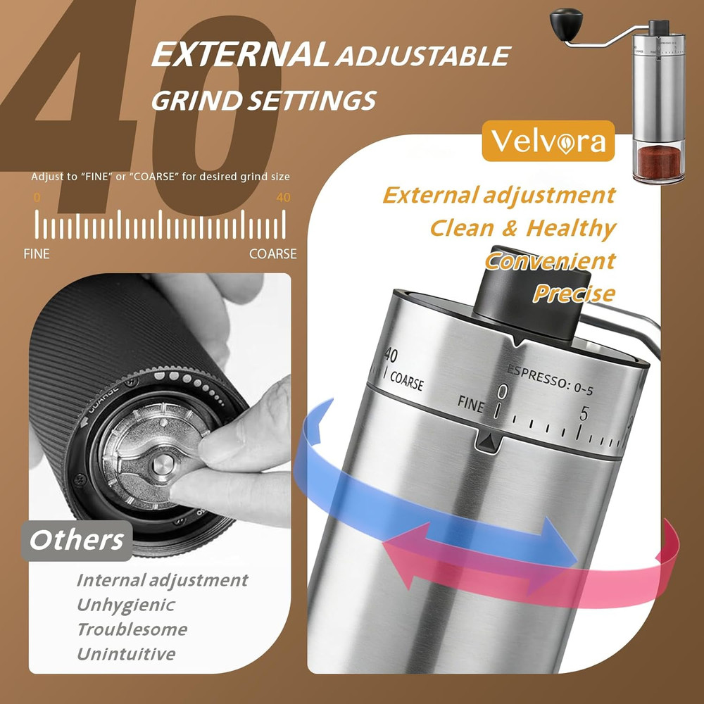Manual Coffee Grinder 40 External Adjustable Settings, Ceramic Conical Burr Stai